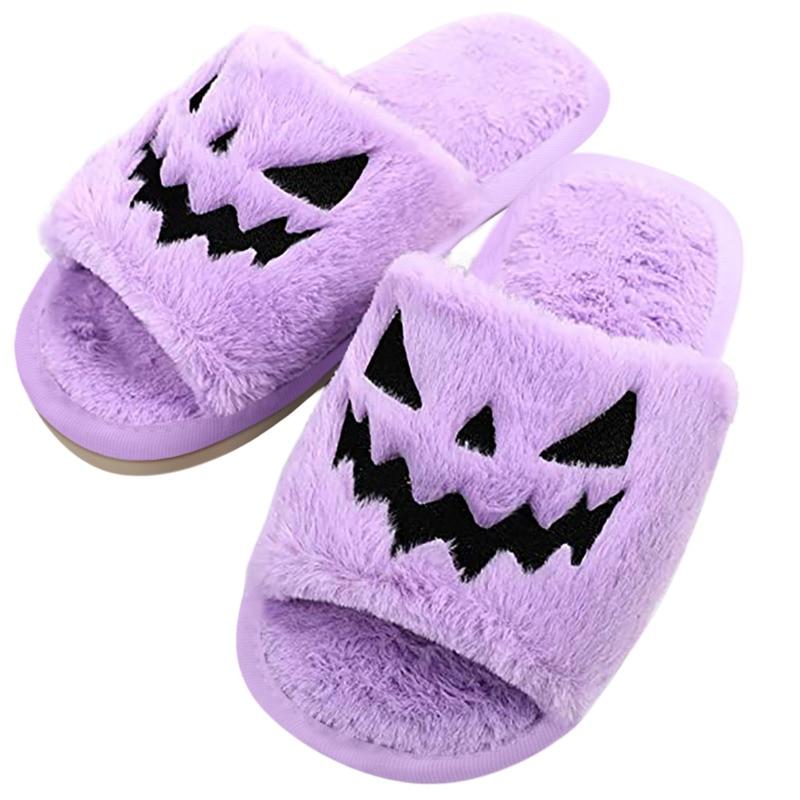 Halloween Pumpkin Fuzzy Slippers Soft Plush Cozy Open Toe Women Slides Silver Juneberry