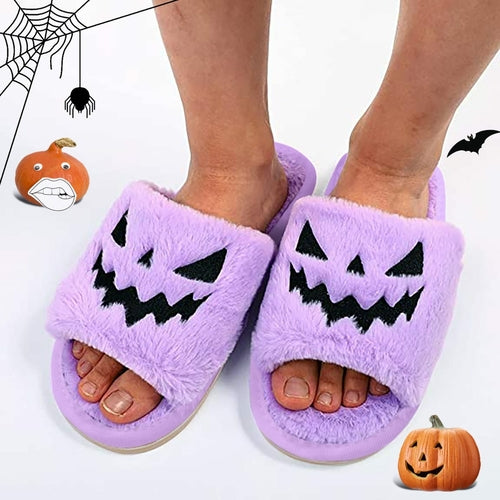 Halloween Pumpkin Fuzzy Slippers Soft Plush Cozy Open Toe Women Slides Silver Juneberry