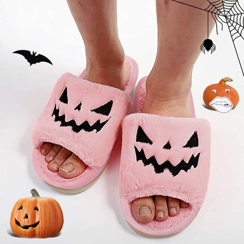 Halloween Pumpkin Fuzzy Slippers Soft Plush Cozy Open Toe Women Slides Silver Juneberry