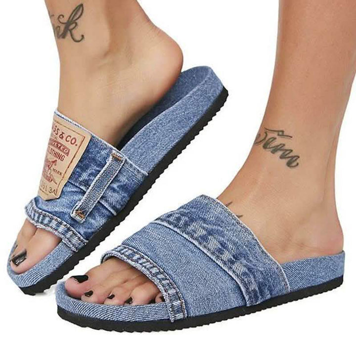 Denim Women's Cool Round Head Flat Slides Blue/Black Silver Juneberry