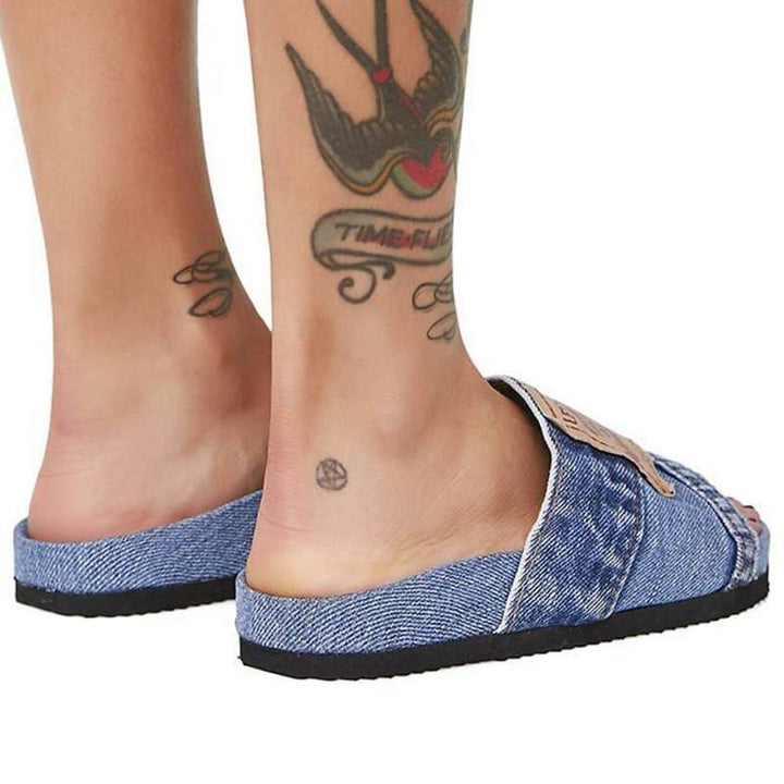 Denim Women's Cool Round Head Flat Slides Blue/Black Silver Juneberry