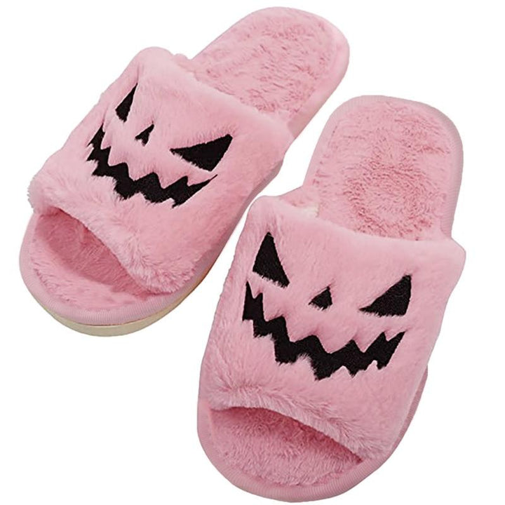 Halloween Pumpkin Fuzzy Slippers Soft Plush Cozy Open Toe Women Slides Silver Juneberry