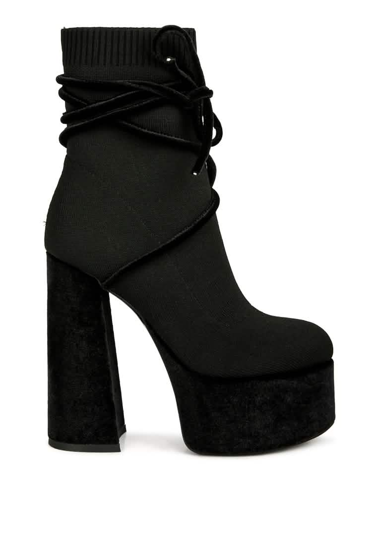 Luxury Velvet Lace-Up Ankle Boots with Elevated Platform Heel Ruby Smudge