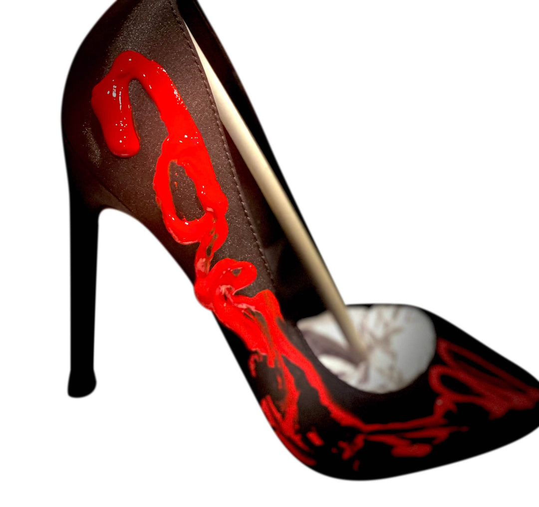 Artistic Black Satin Heels with Red Accents Erin Theia