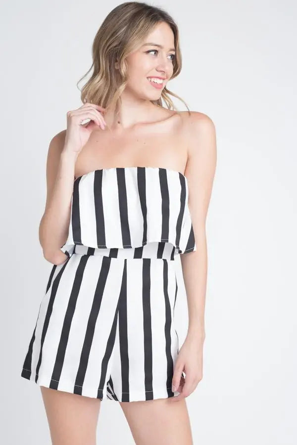 Strapless Summer Striped Romper with Pockets for Women Ivory Felix