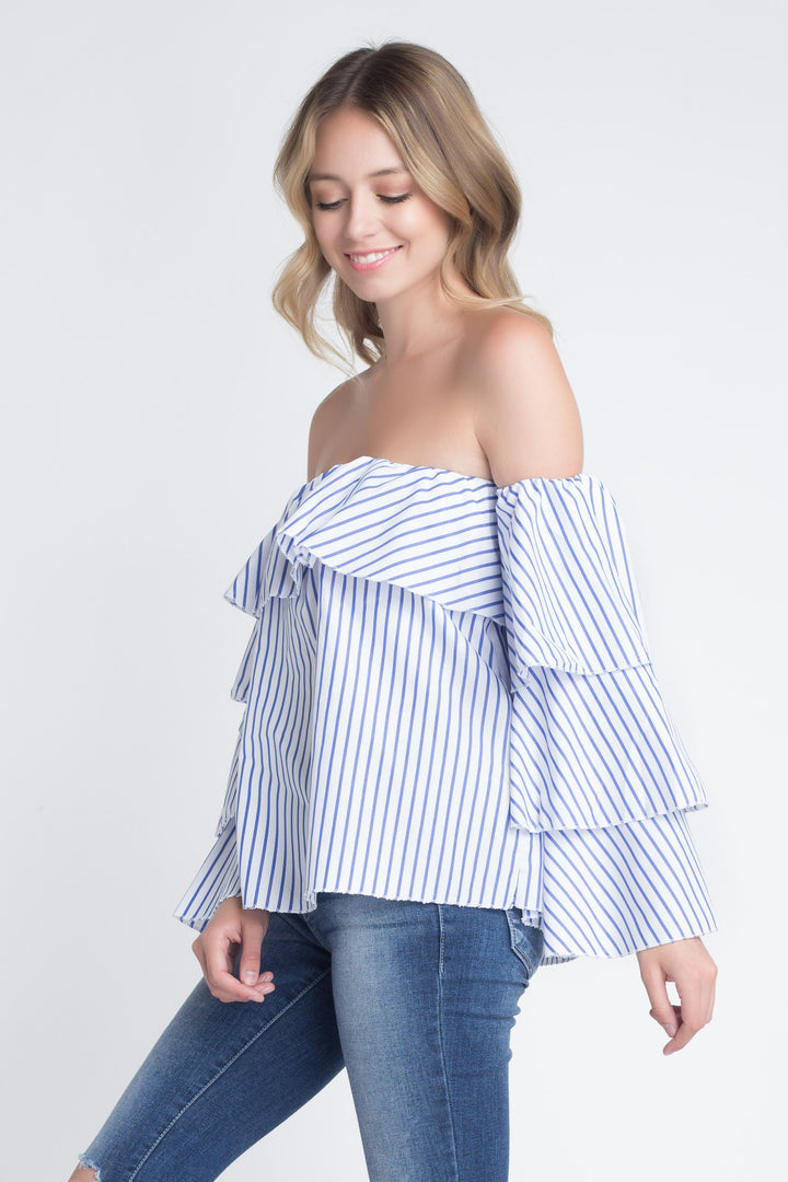 Women's Off Shoulder Stripe Ruffle Long Sleeve Top Ivory Felix