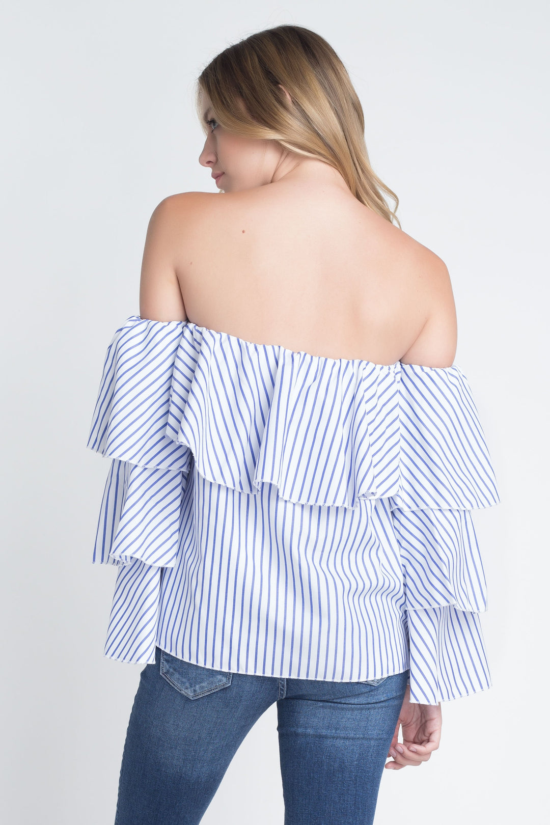 Women's Off Shoulder Stripe Ruffle Long Sleeve Top Ivory Felix