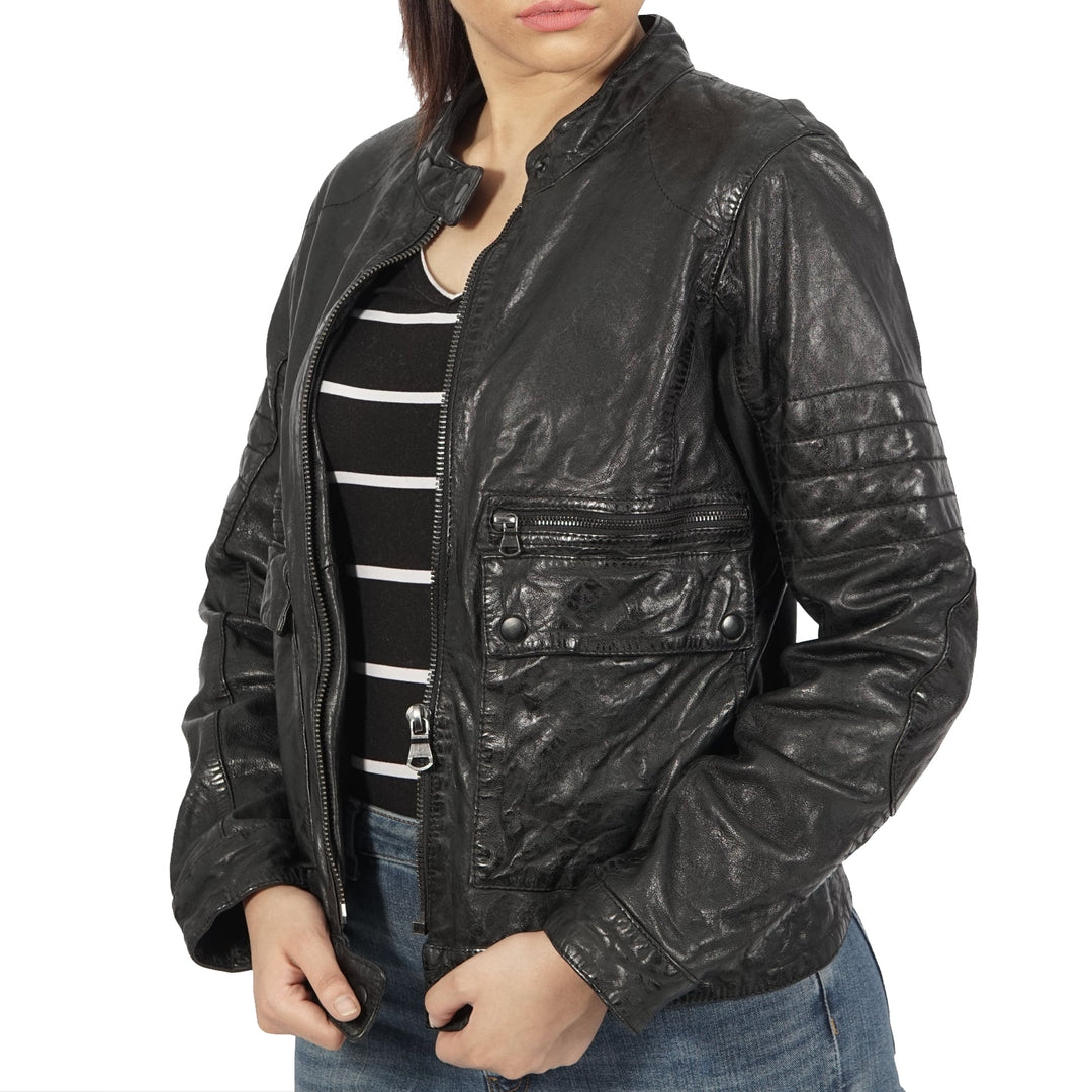 Kiara Zipper Brown Leather Jacket Azure Metis