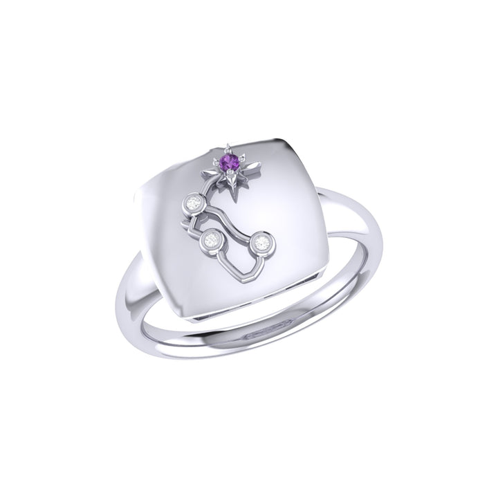 Aquarius Water-Bearer Amethyst & Diamond Constellation Signet Ring in Emerald Raspberry