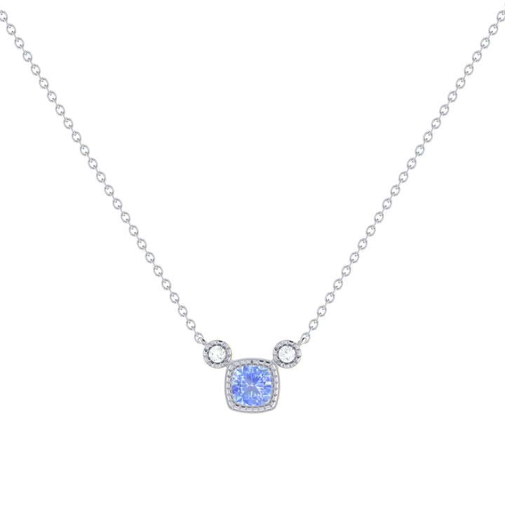 Cushion Cut Tanzanite & Diamond Pendant in 14K White Gold for December Birthdays Emerald Raspberry