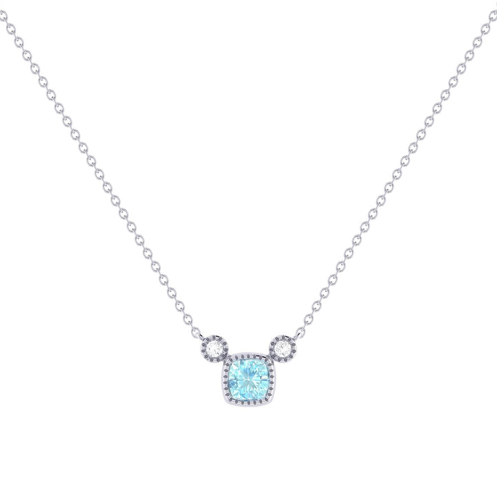 Cushion Cut Aquamarine & Diamond 14K White Gold Birthstone Pendant Necklace Emerald Raspberry