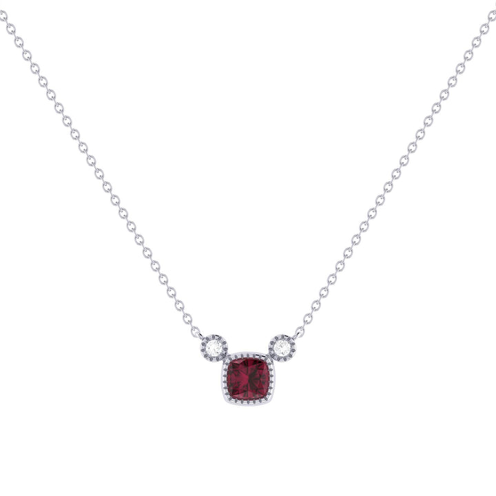 Cushion Cut Ruby and Diamond Pendant Necklace in 14K White Gold - July Birthstone Elegance Emerald Raspberry