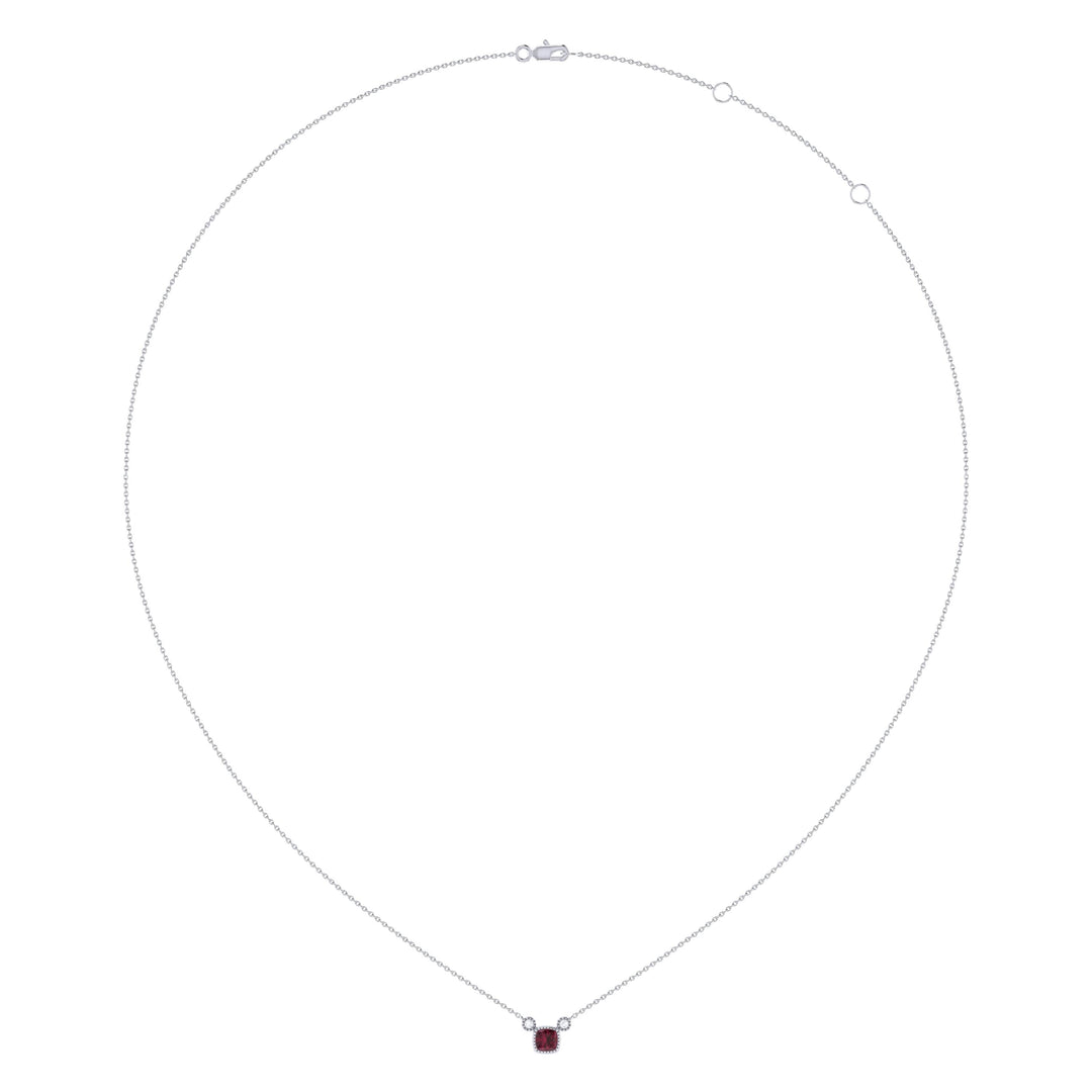 Cushion Cut Ruby and Diamond Pendant Necklace in 14K White Gold - July Birthstone Elegance Emerald Raspberry