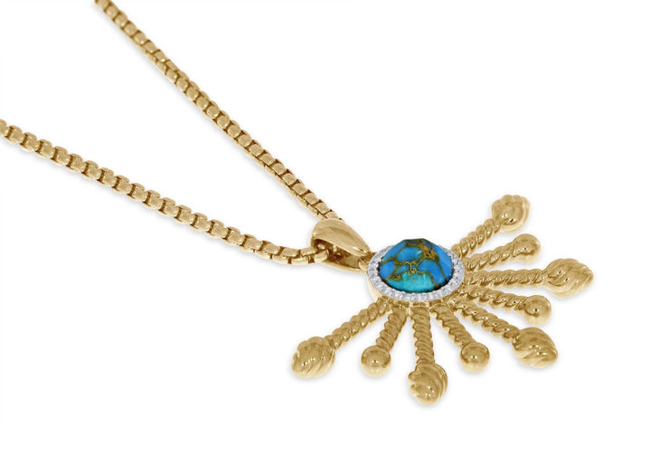 Turquoise and Diamond Half Sun Pendant in 14K Yellow Gold Plated Sterling Silver Emerald Raspberry