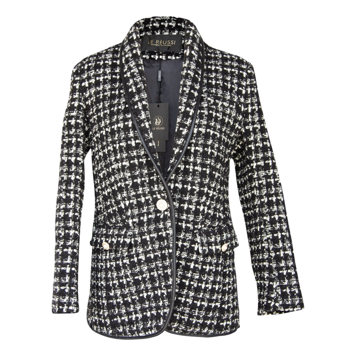 Chic Black and White Tweed Blazer with Elegant Pearl Accents Mauve Daisy