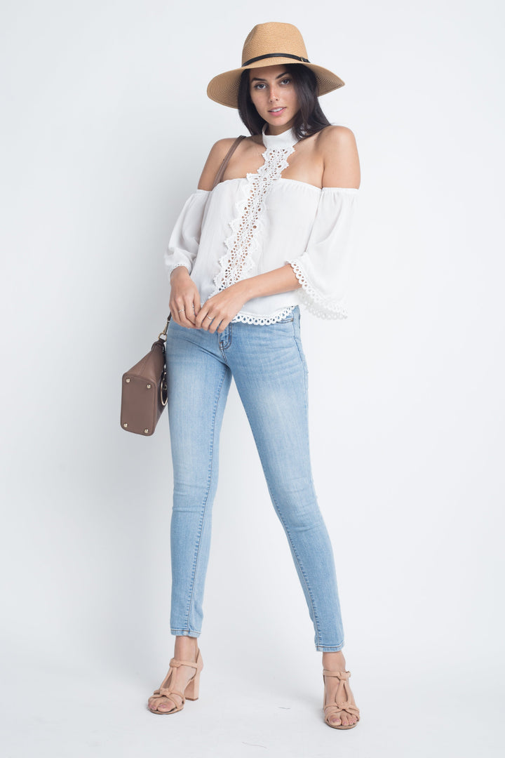 Women's High Neck Long Sleeve Crochet Top Ivory Felix