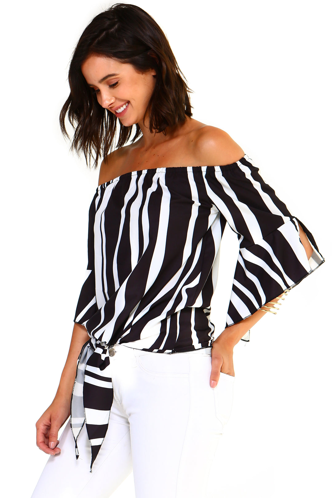 Women's Strapless Striped Bandage Blouse Ivory Felix