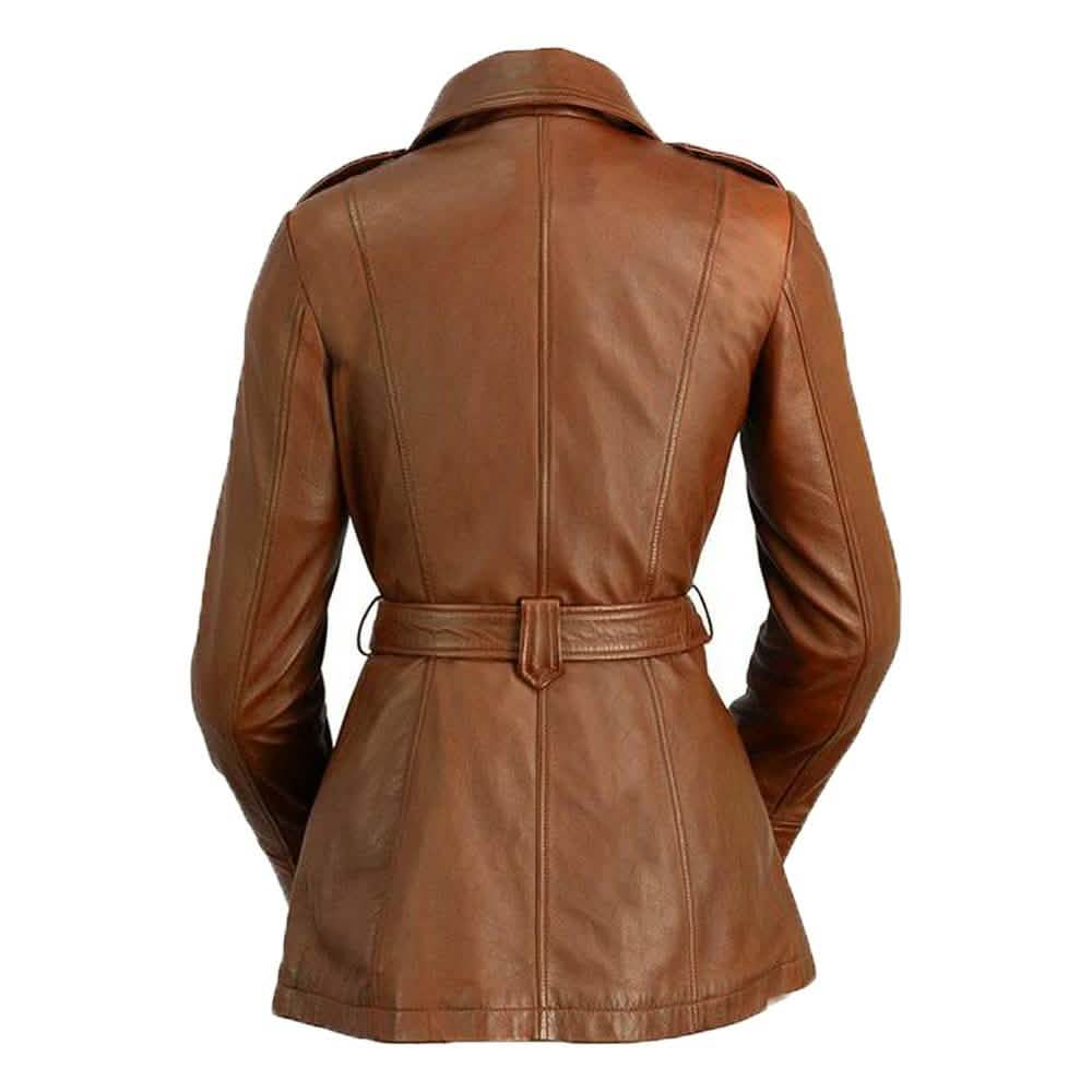 Monica Women's Adjustable Waist Sheepskin Leather Mid-Length Coat Orange Pontus