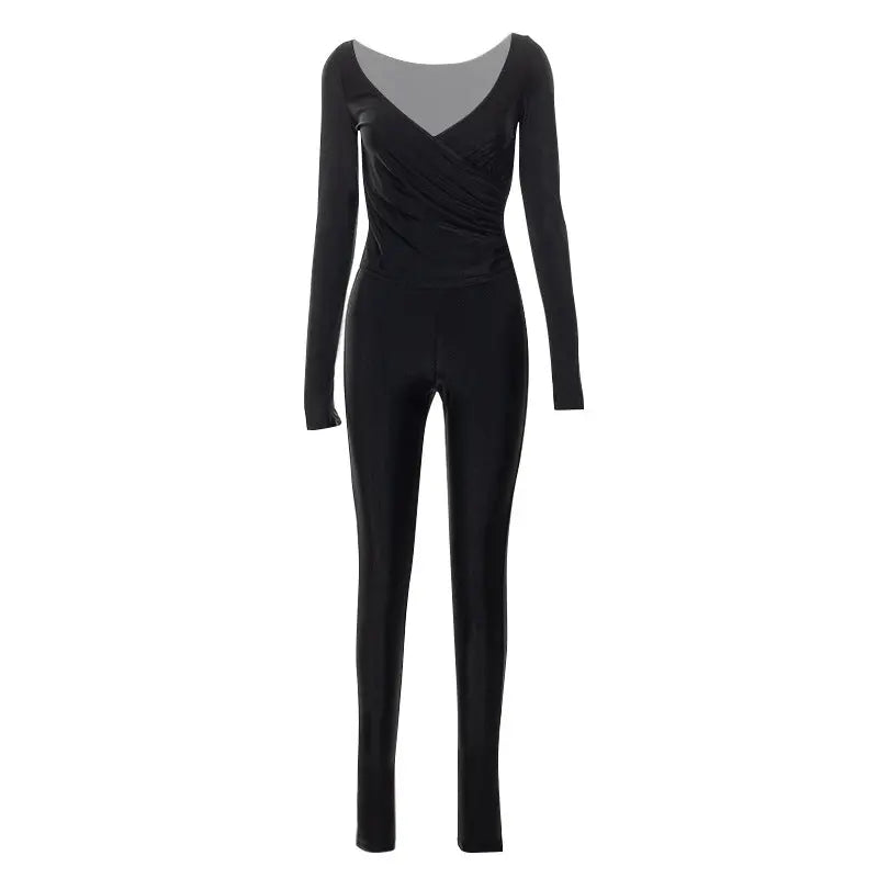 Elegant Cross V-neck Long Sleeve Jumpsuit with Ankle-Length Trousers Silver Sam