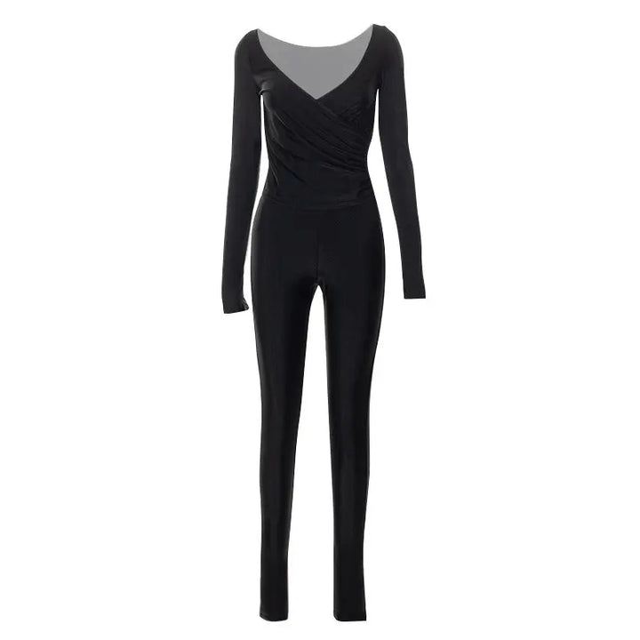 Elegant Cross V-neck Long Sleeve Jumpsuit with Ankle-Length Trousers Silver Sam