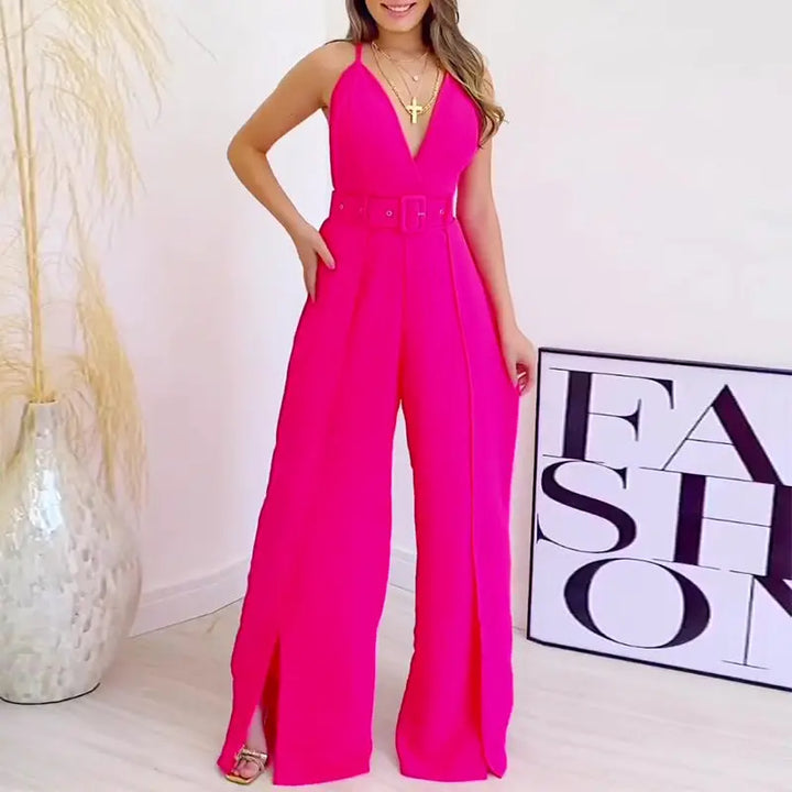 Chic V-Neck High-Waisted Jumpsuit with Split Leg and Belted Design Silver Sam