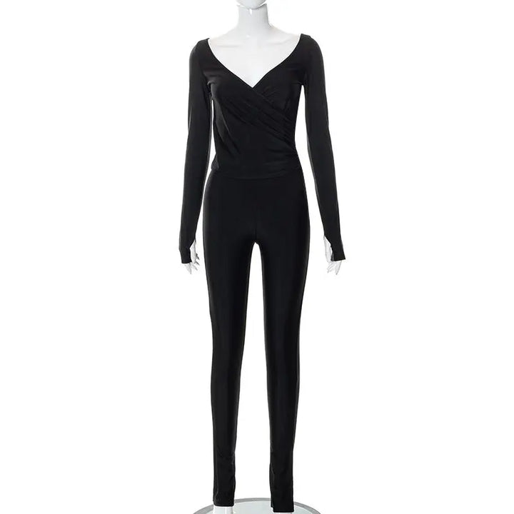 Elegant Cross V-neck Long Sleeve Jumpsuit with Ankle-Length Trousers Silver Sam