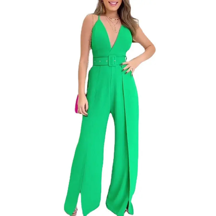 Chic V-Neck High-Waisted Jumpsuit with Split Leg and Belted Design Silver Sam