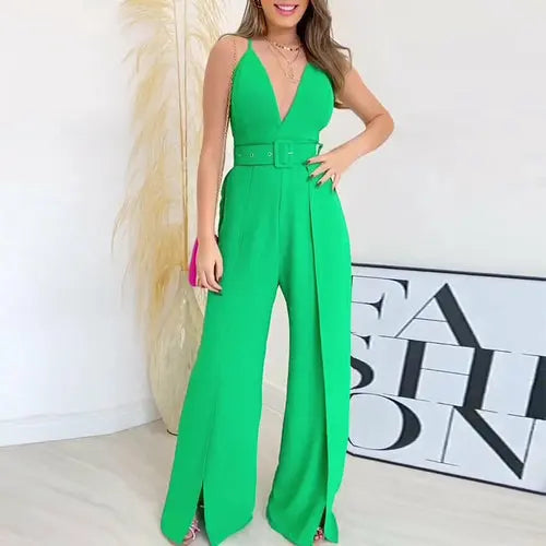 Chic V-Neck High-Waisted Jumpsuit with Split Leg and Belted Design Silver Sam