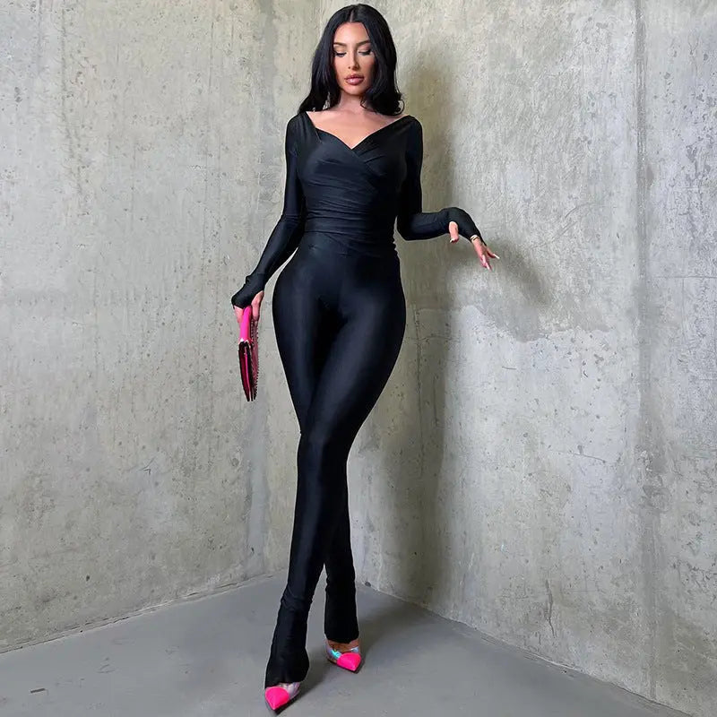 Elegant Cross V-neck Long Sleeve Jumpsuit with Ankle-Length Trousers Silver Sam