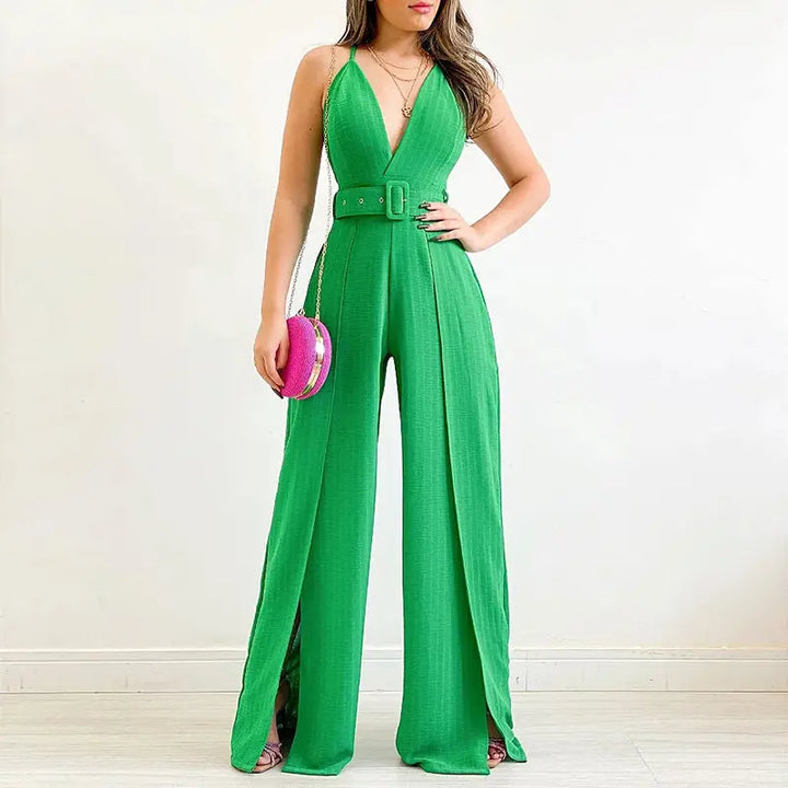 Chic V-Neck High-Waisted Jumpsuit with Split Leg and Belted Design Silver Sam