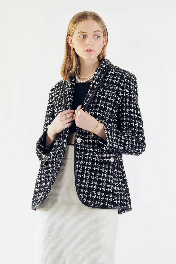 Chic Black and White Tweed Blazer with Elegant Pearl Accents Mauve Daisy