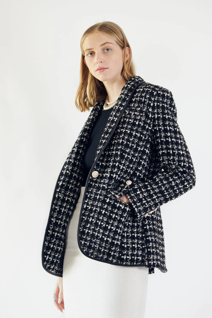 Chic Black and White Tweed Blazer with Elegant Pearl Accents Mauve Daisy