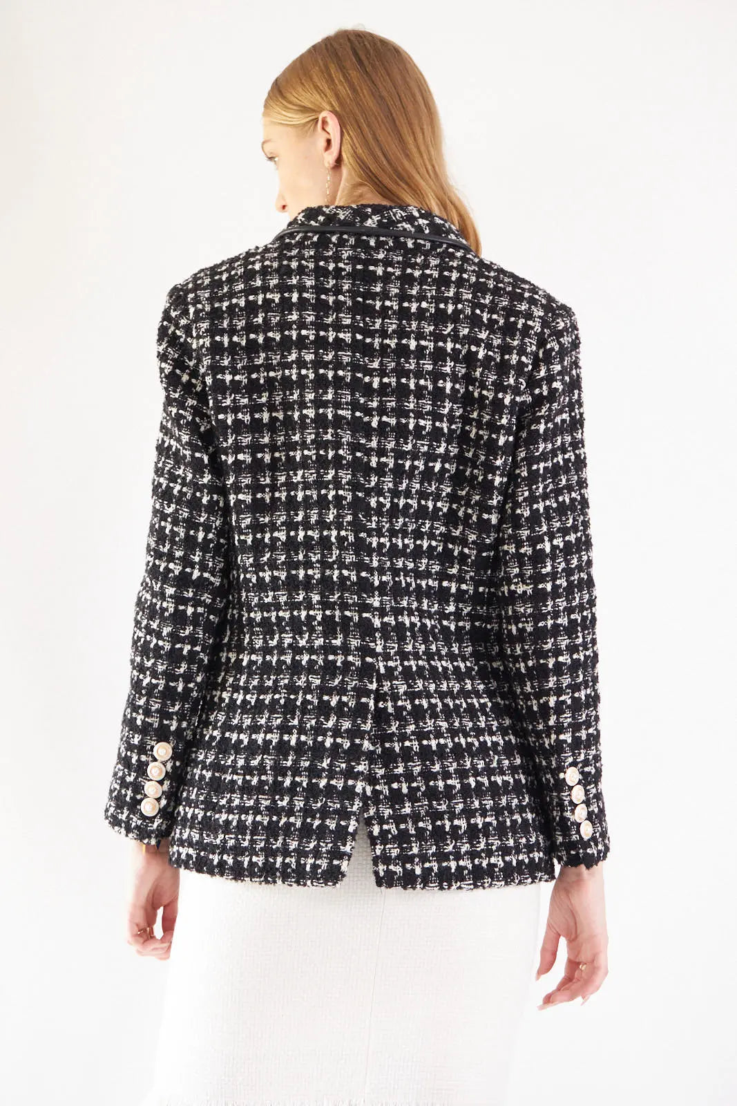 Chic Black and White Tweed Blazer with Elegant Pearl Accents Mauve Daisy