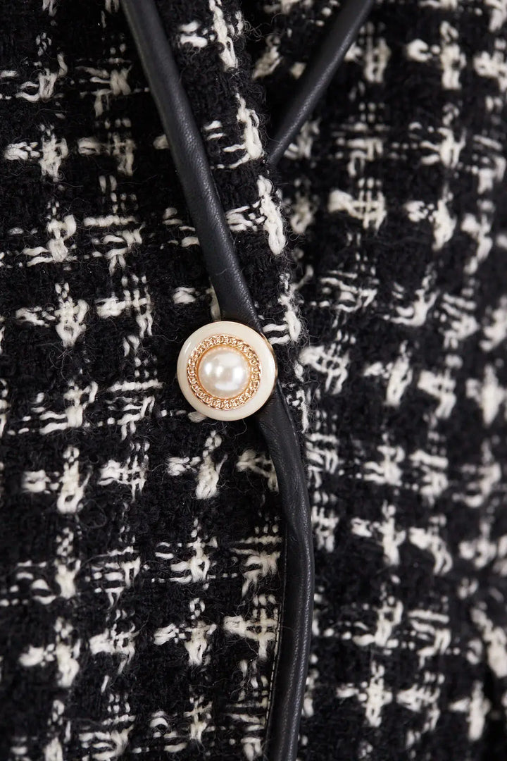 Chic Black and White Tweed Blazer with Elegant Pearl Accents Mauve Daisy