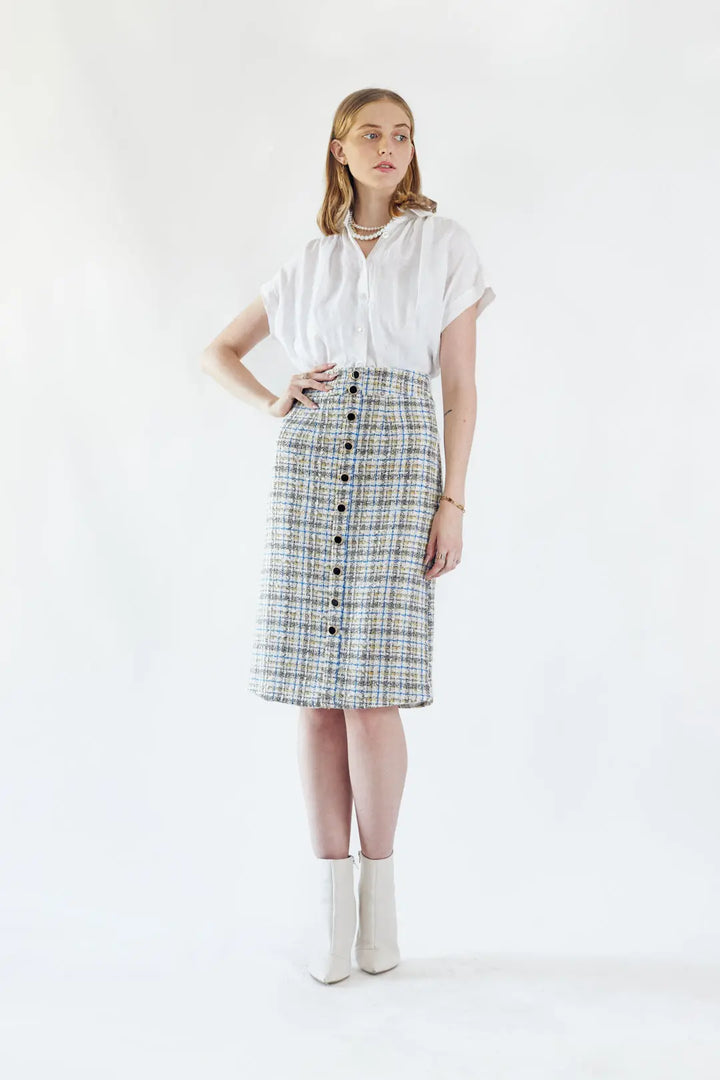 Elegant Plaid Tweed Pencil Skirt Mauve Daisy