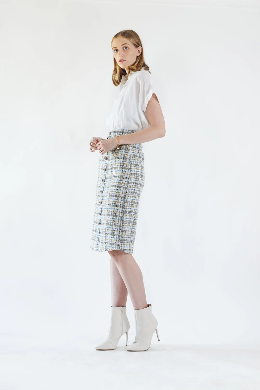 Elegant Plaid Tweed Pencil Skirt Mauve Daisy