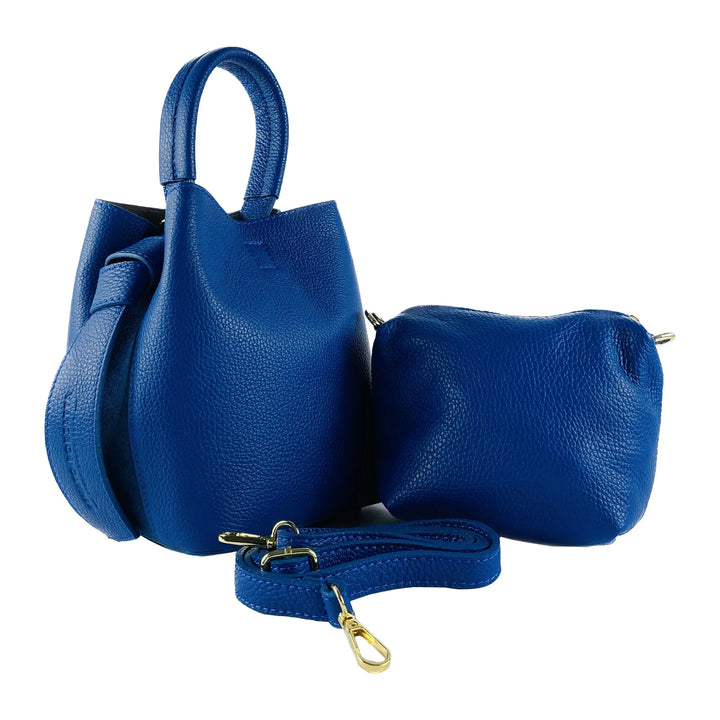 Elegant Royal Blue Leather Bucket Bag with Detachable Pouch - Crafted in Italy Orchid Theia