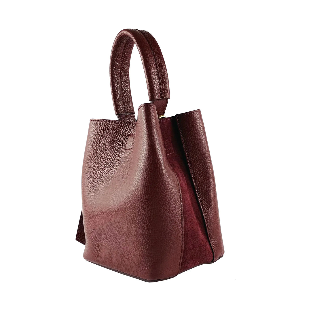 RB1006X | Luxurious Bordeaux Genuine Leather Bucket Bag with Pouch Orchid Theia