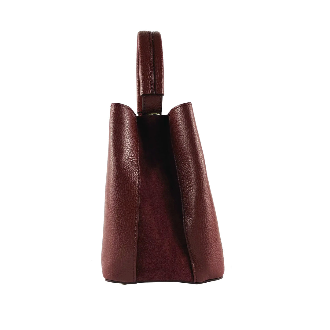 RB1006X | Luxurious Bordeaux Genuine Leather Bucket Bag with Pouch Orchid Theia