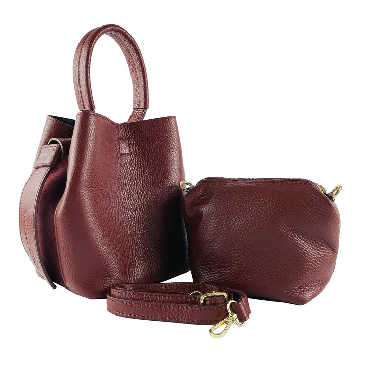 RB1006X | Luxurious Bordeaux Genuine Leather Bucket Bag with Pouch Orchid Theia