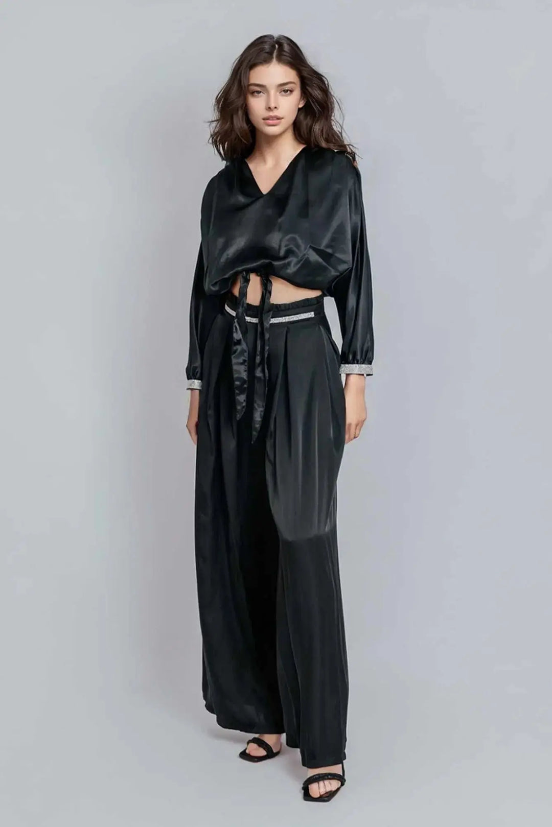 Chic High-Waisted Pleated Black Wide-Leg Trousers Blue Apollo