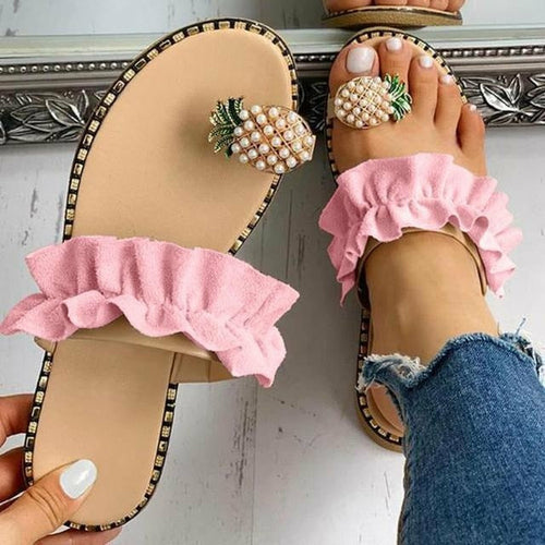 Pineapple Pearl Beach Slides Flat Toe Casual Womens Slippers Coffee Jasper