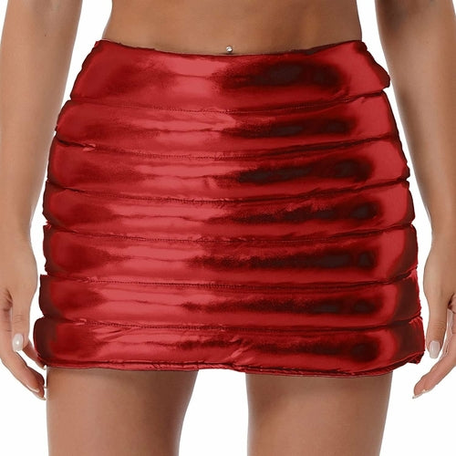 Womens Metallic Shiny Skirts Winter Warm A-Line Mini Skirt Red Iphigenia