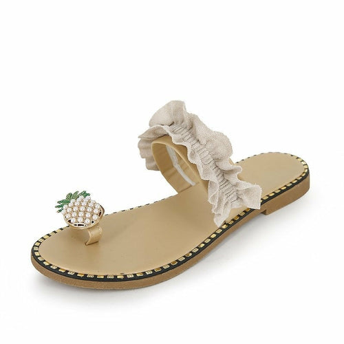 Pineapple Pearl Beach Slides Flat Toe Casual Womens Slippers Coffee Jasper