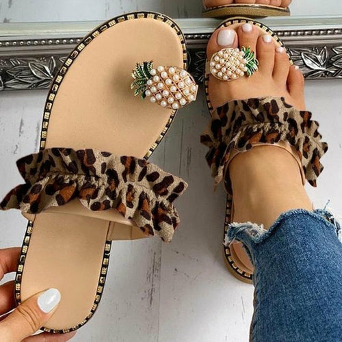 Pineapple Pearl Beach Slides Flat Toe Casual Womens Slippers Coffee Jasper