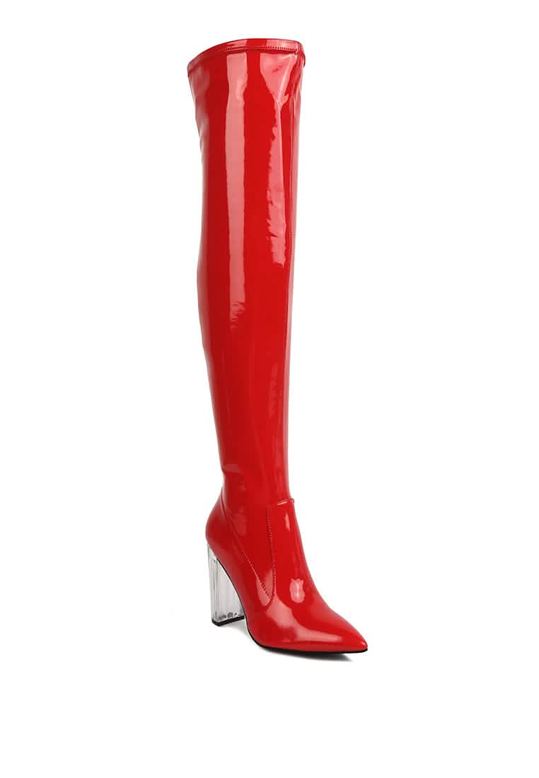 Gorgeous Patent PU Over-the-Knee Boots with Transparent Block Heels Ruby Smudge