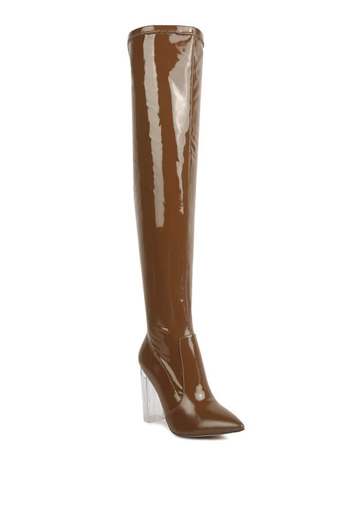 Gorgeous Patent PU Over-the-Knee Boots with Transparent Block Heels Ruby Smudge