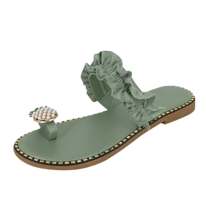 Pineapple Pearl Beach Slides Flat Toe Casual Womens Slippers Coffee Jasper