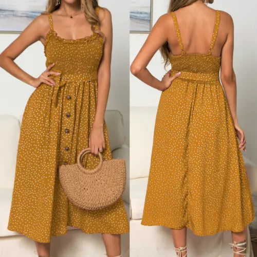 Charming Polka Dot Summer Maxi Dress with Spaghetti Straps for Women Yellow Pandora