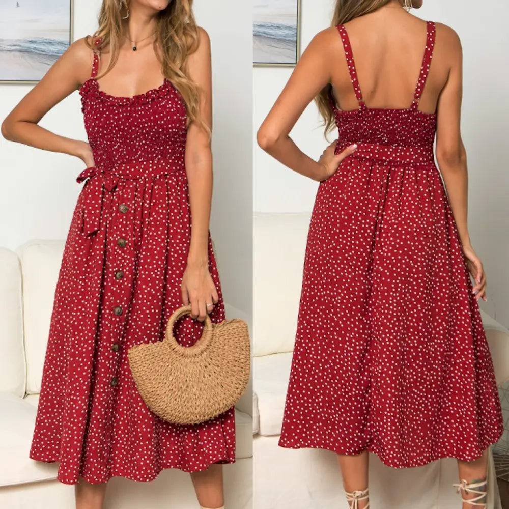 Charming Polka Dot Summer Maxi Dress with Spaghetti Straps for Women Yellow Pandora